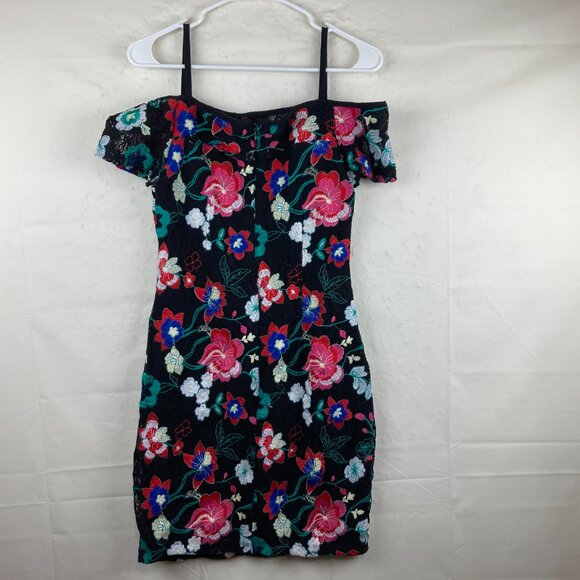 Guess Sz S Embroidered Floral Lace Dress Off Shoulder Black Colorful Flowers - Picture 7 of 7